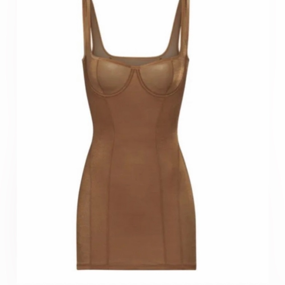 RARE SKIMS Glissenette Corset Mini Dress NWT Chai Bodycon Gold Medium Left ONLY - Picture 4 of 11